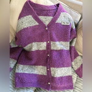 Miu Miu style Purple and Gray Striped V‑Neck long Cardigan